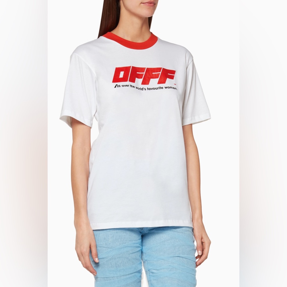 Off-White EUC Printed Color-block T Shirt Relaxed Fit Slogan Size M Red White